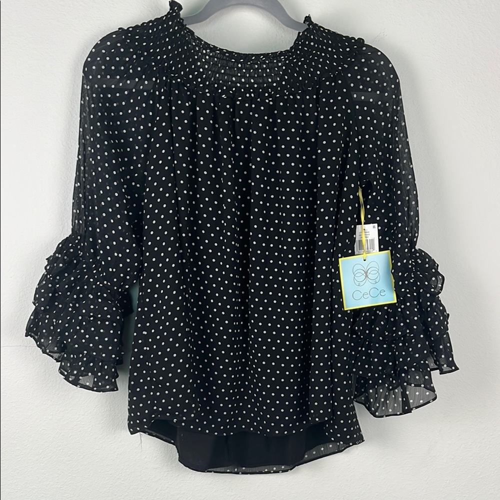 CeCe Black and White Polka Dot Blouse Women’s Large